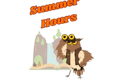 Image of a owl looking through binoculars at the words "summer hours".